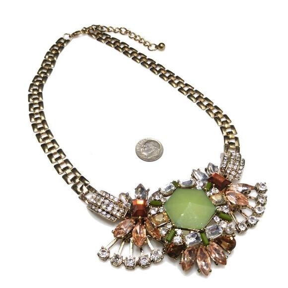 Spring Green Pink Peach Rhinestone Statement Necklace, Gold Tone Chain, 20 Inch - Picture 6 of 7